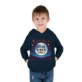Toddler wearing kids hoodie with Good Vibes Only design, showcasing comfort and style for playdates or family outings.