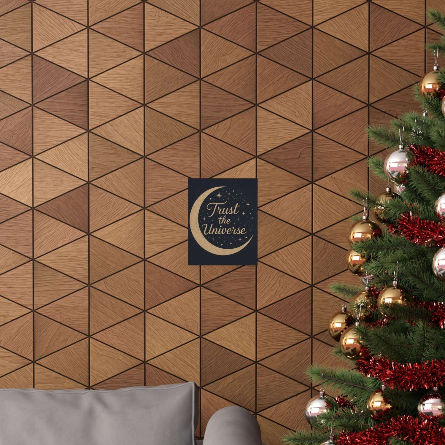 Celestial wall art prints "Trust the Universe" poster on geometric wallpaper with festive decor