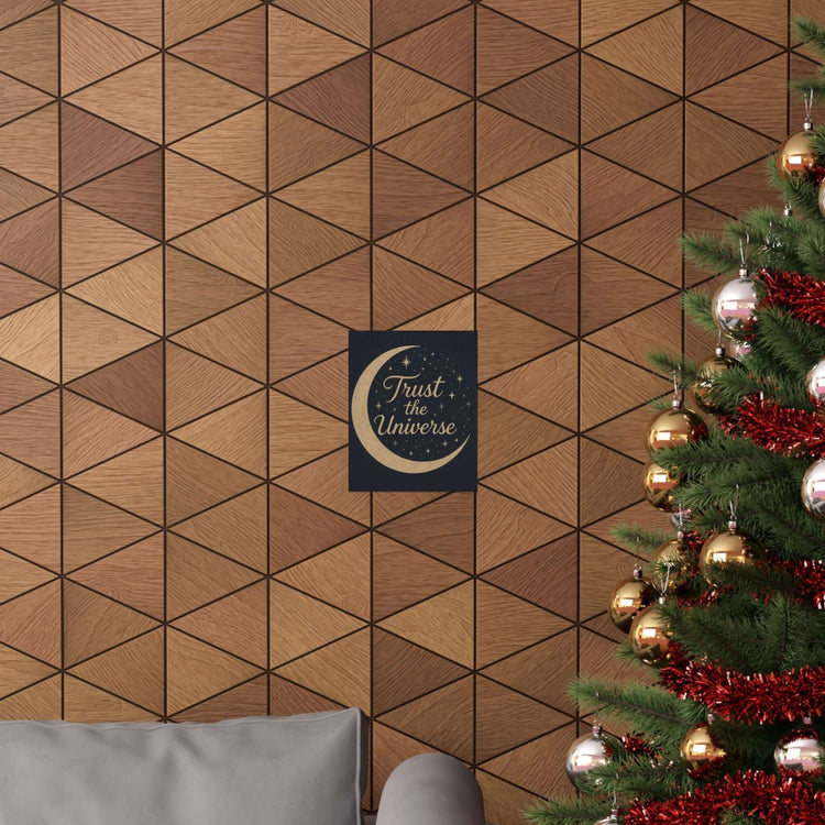 Celestial wall art prints "Trust the Universe" poster on geometric wallpaper with festive decor