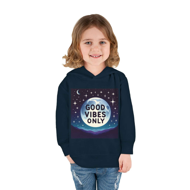 Child wearing navy blue kids hoodie with &