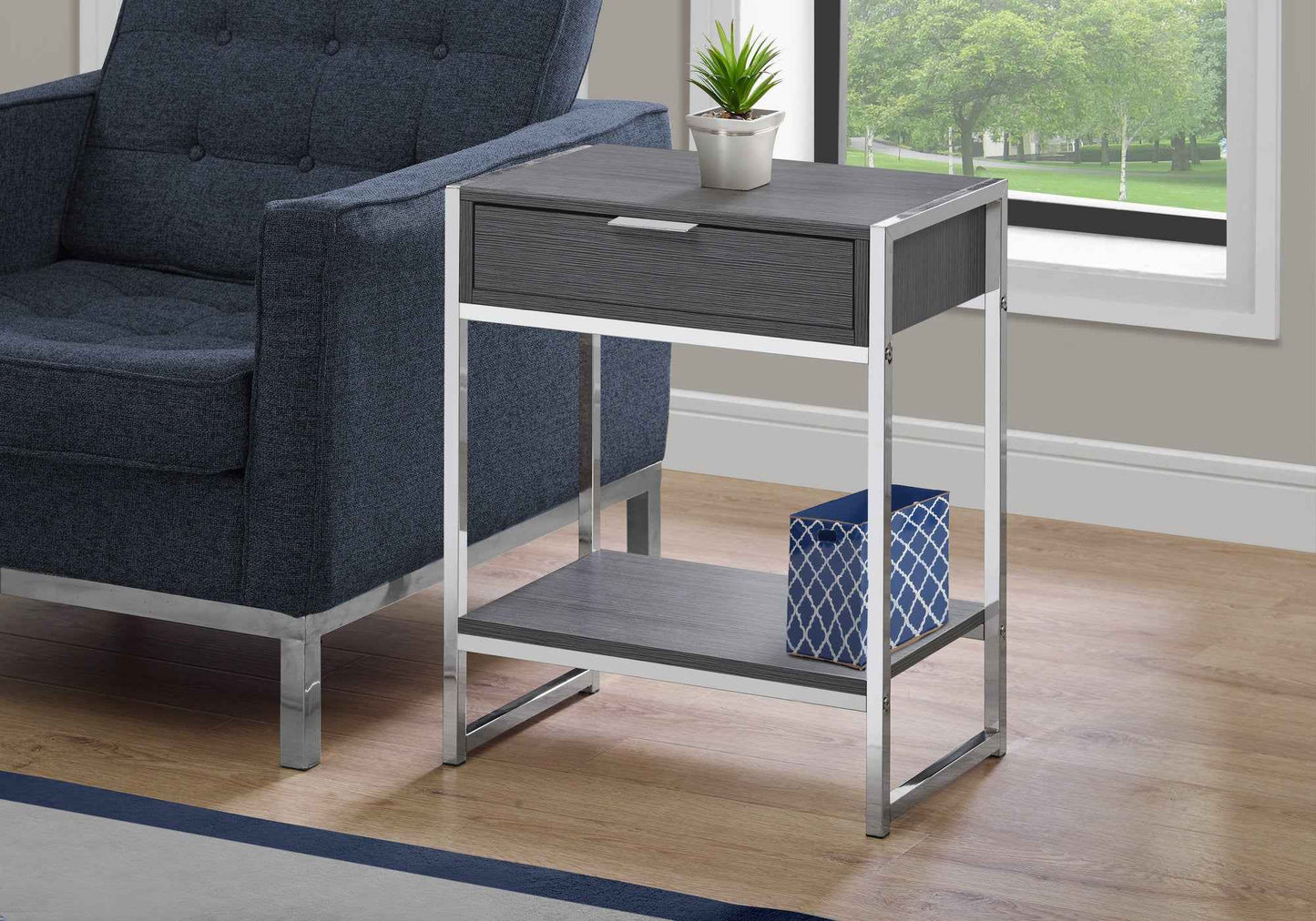 24" Silver And Gray Wood And Metal End Table With Drawer And Shelf - Soul threadssoulthreads25