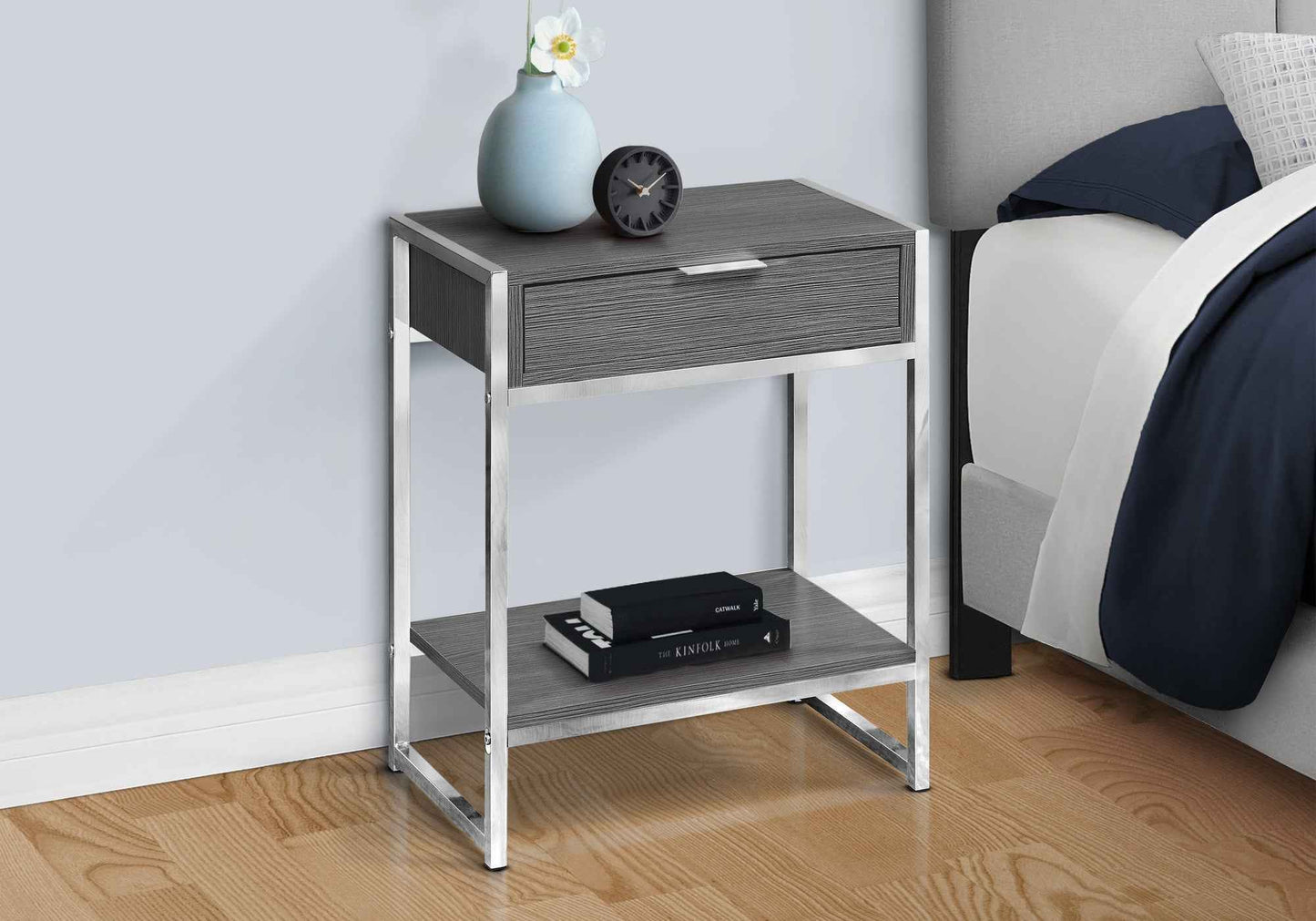 24" Silver And Gray Wood And Metal End Table With Drawer And Shelf - Soul threadssoulthreads25