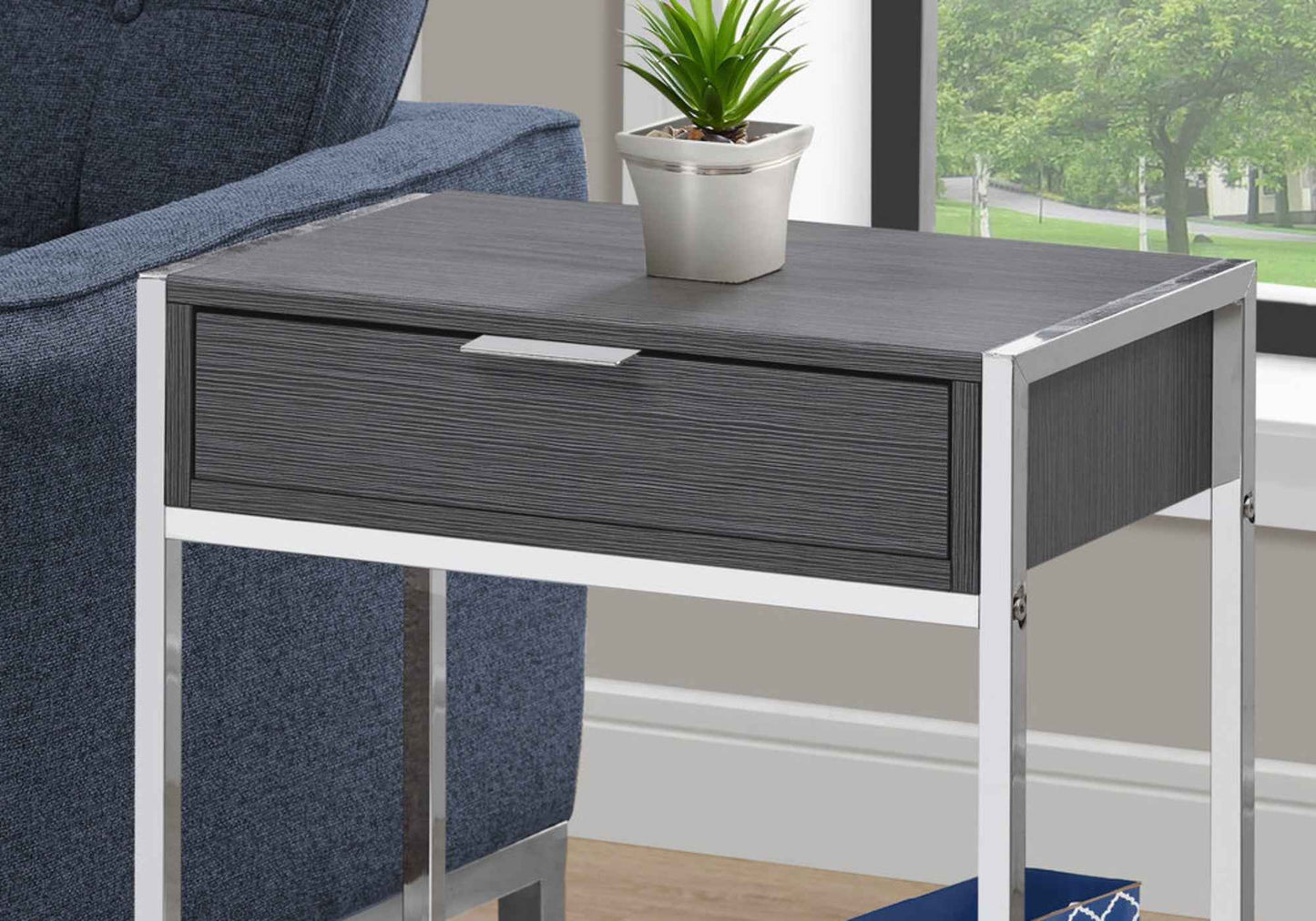 24" Silver And Gray Wood And Metal End Table With Drawer And Shelf - Soul threadssoulthreads25