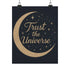 "Trust the Universe" celestial wall art prints poster with starry night and gold moon design for inspirational home decor.
