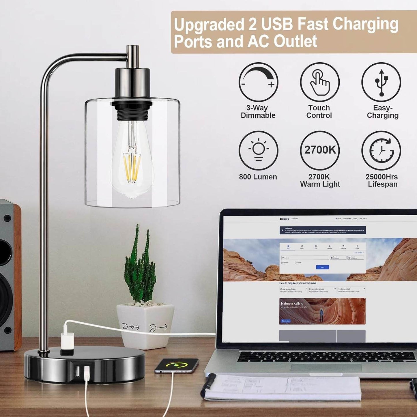 Industrial Touch Control Table Lamps Set of 2 - Black Nickel Bedside Lamps with 2 USB Ports & AC Outlet, 3 - Way Dimmable Nightstand Desk Lamp for Bedroom Living Room, Glass Shade & 2 LED Bulbs Included - Soul threadssoulthreads25