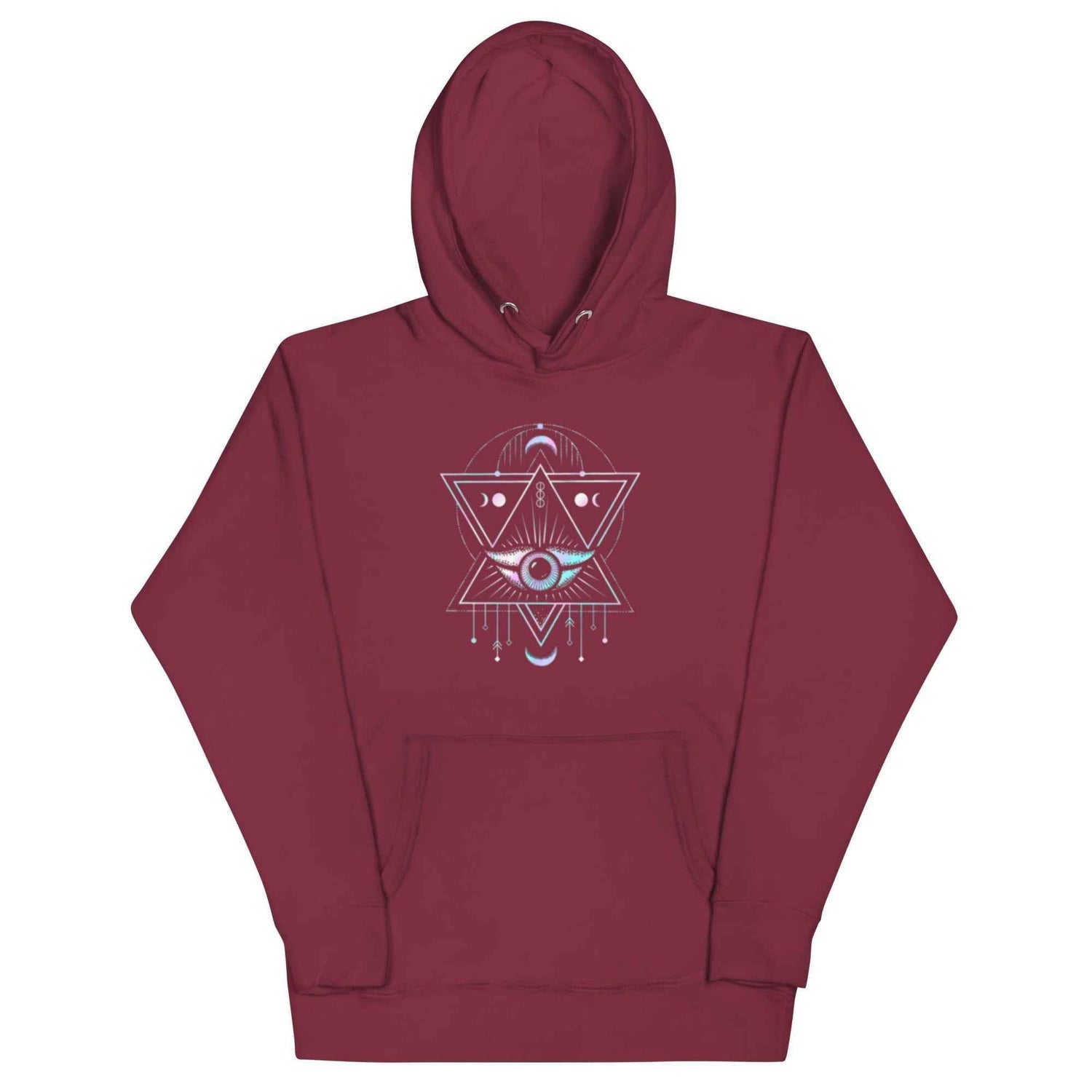 Maroon hoodie featuring a geometric eye design with triangles and cosmic symbols, ideal for stylish and comfortable wear.