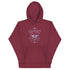 Maroon hoodie featuring a geometric eye design with triangles and cosmic symbols, ideal for stylish and comfortable wear.