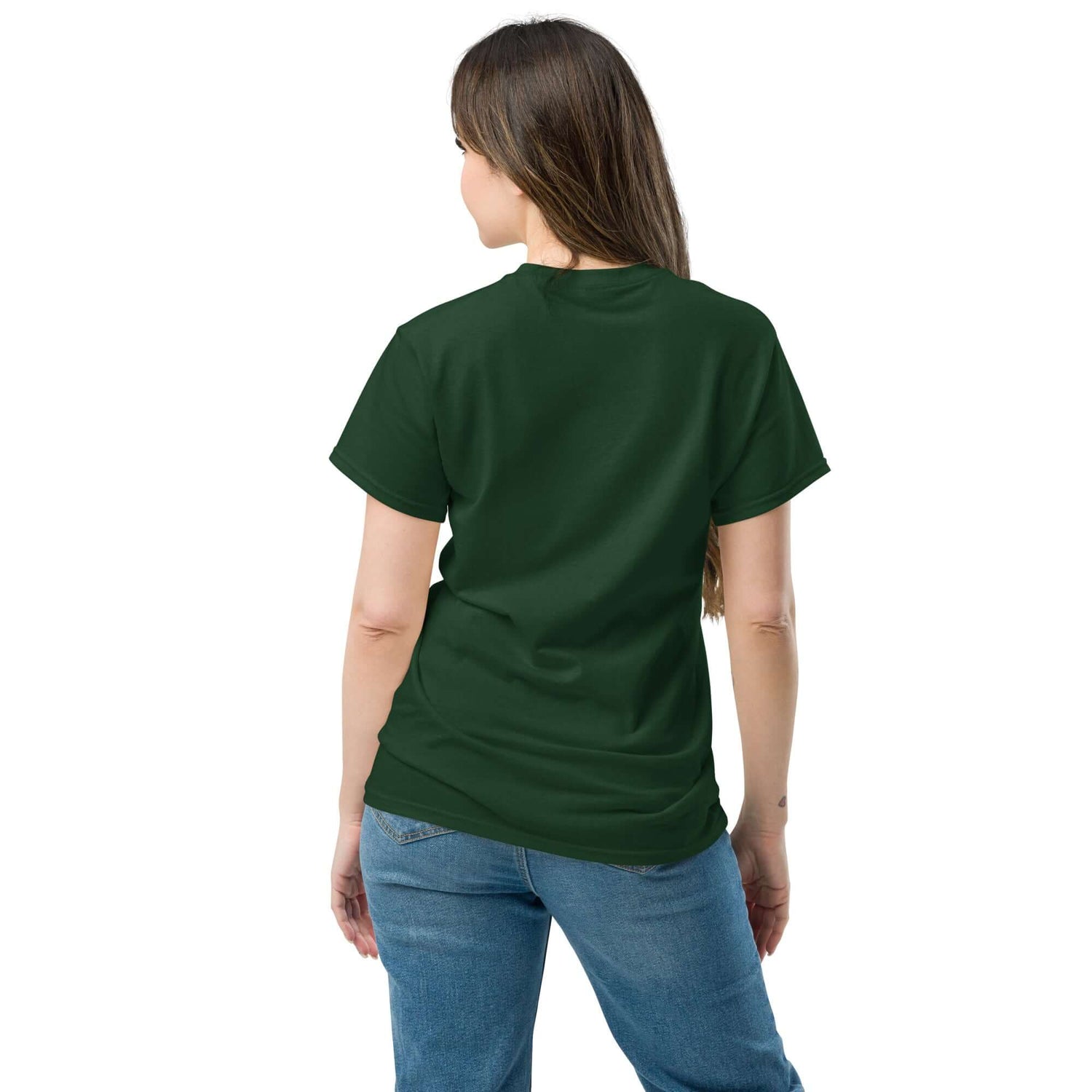 Back view of a woman wearing a dark green Unisex classic tee, showcasing its trendy fit and casual style.