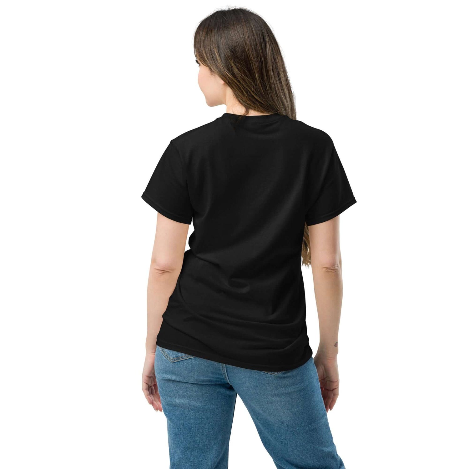 Back view of a woman wearing a black unisex classic tee, showcasing its stylish fit and cotton material.