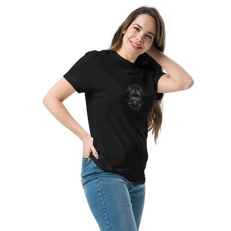 Unisex classic tee worn by a happy woman, showcasing a stylish black design and perfect fit.