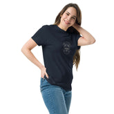 Woman wearing a Unisex classic tee in navy blue, showcasing a trendy streetwear style.