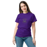Unisex classic tee in purple, featuring a unique graphic design, ideal for trendy streetwear outfits.