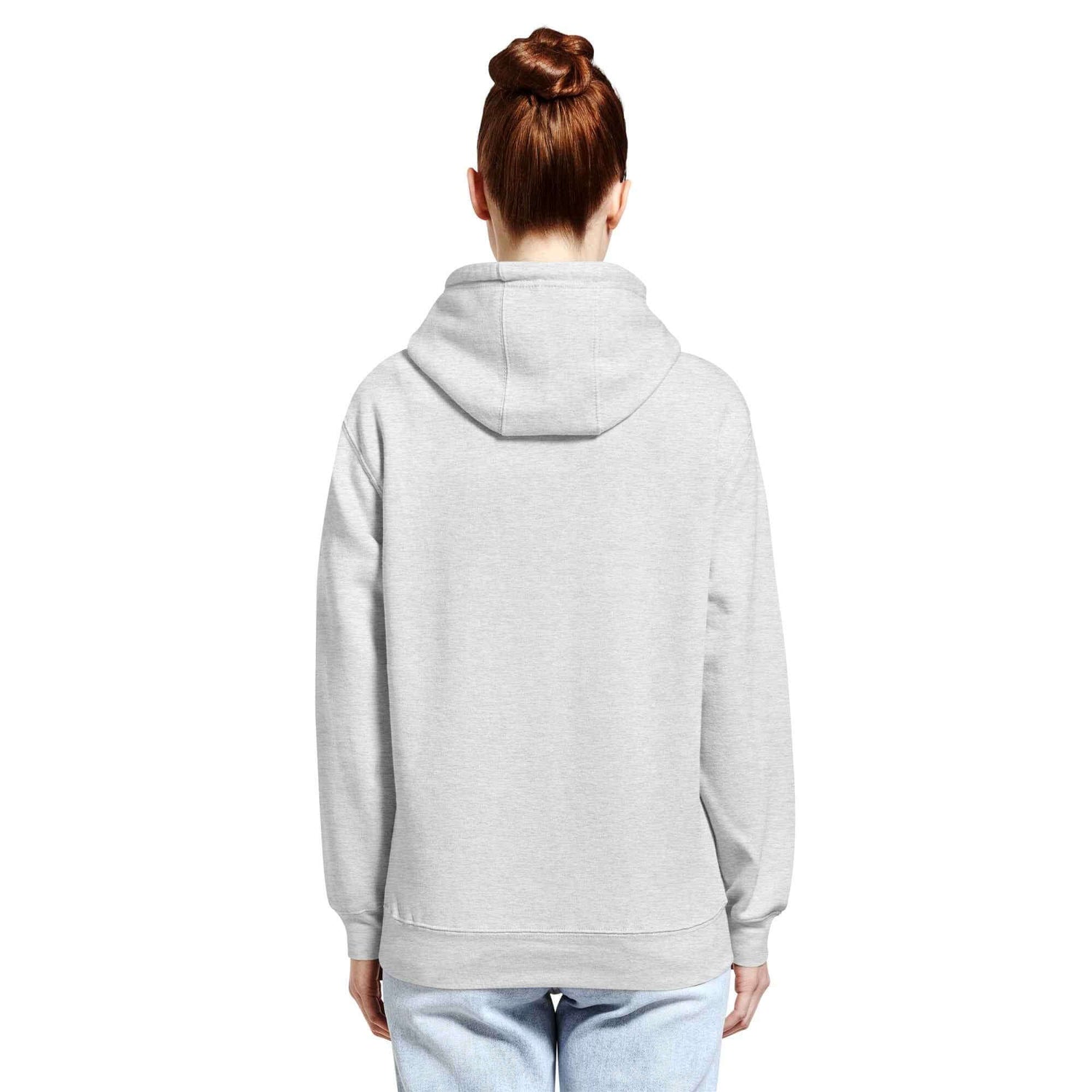 Back view of unisex premium mid-weight hoodie in heather gray fabric, showcasing comfortable fit and style.