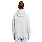 Back view of unisex premium mid-weight hoodie in heather gray fabric, showcasing comfortable fit and style.