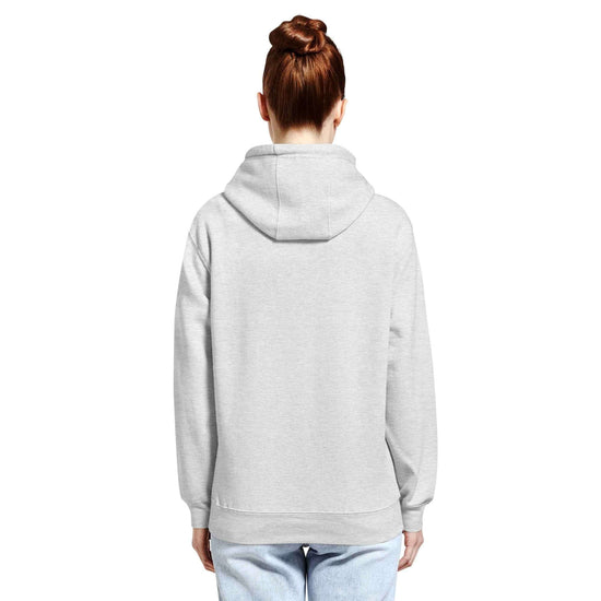 Back view of unisex premium mid-weight hoodie in heather gray fabric, showcasing comfortable fit and style.