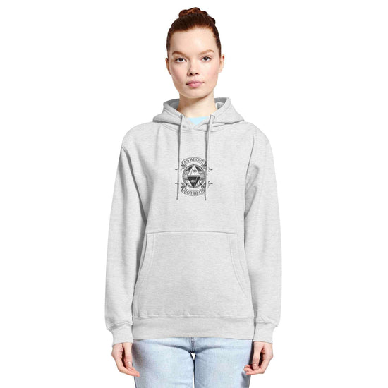 Unisex premium mid-weight hoodie in light gray with a front logo design, perfect for layering and everyday wear.