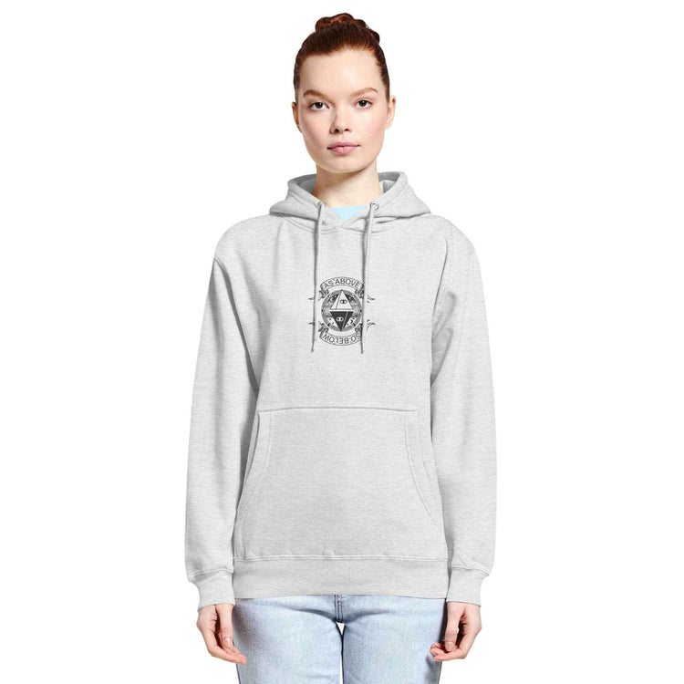 Unisex premium mid-weight hoodie in light gray with a front logo design, perfect for layering and everyday wear.