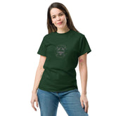 Unisex classic tee in forest green, showcasing a graphic design, styled for casual streetwear.