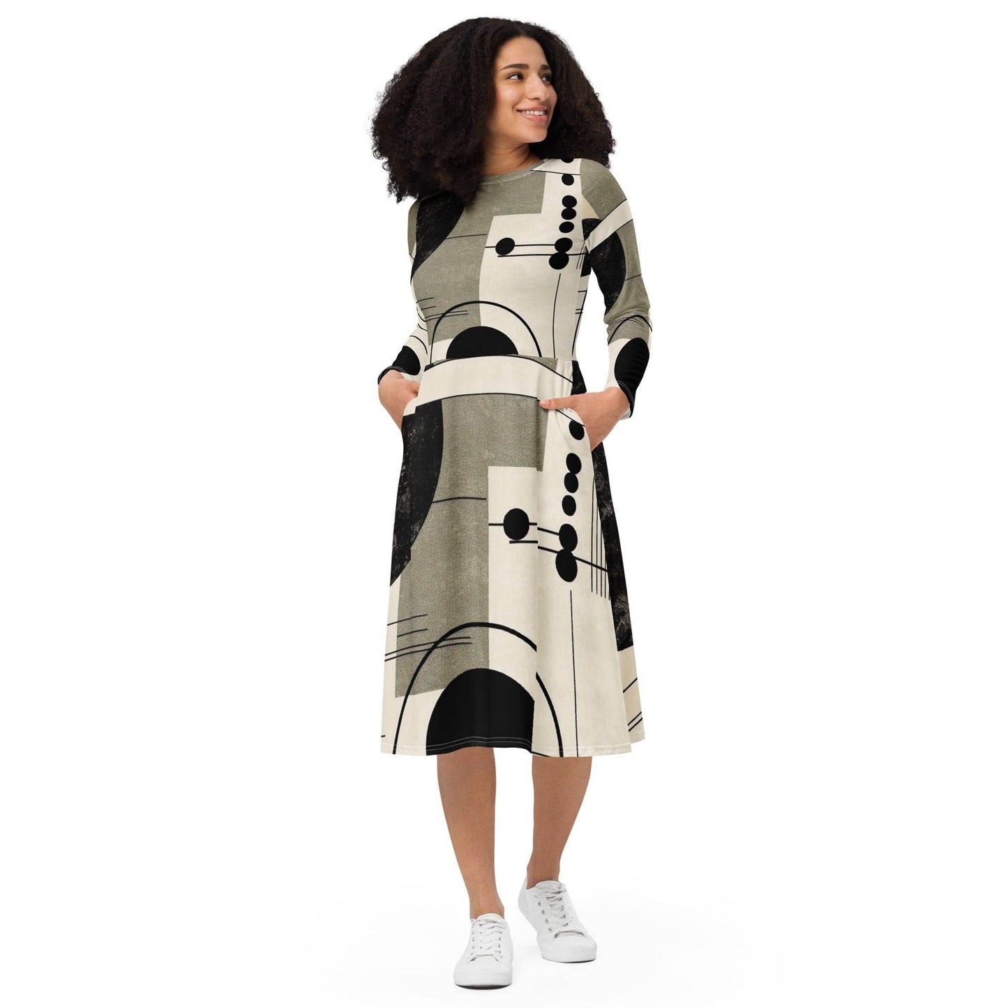 Womens Long Sleeve Midi Dress - Abstract Black Beige Brown Geometric - Soul threadssoulthreads25