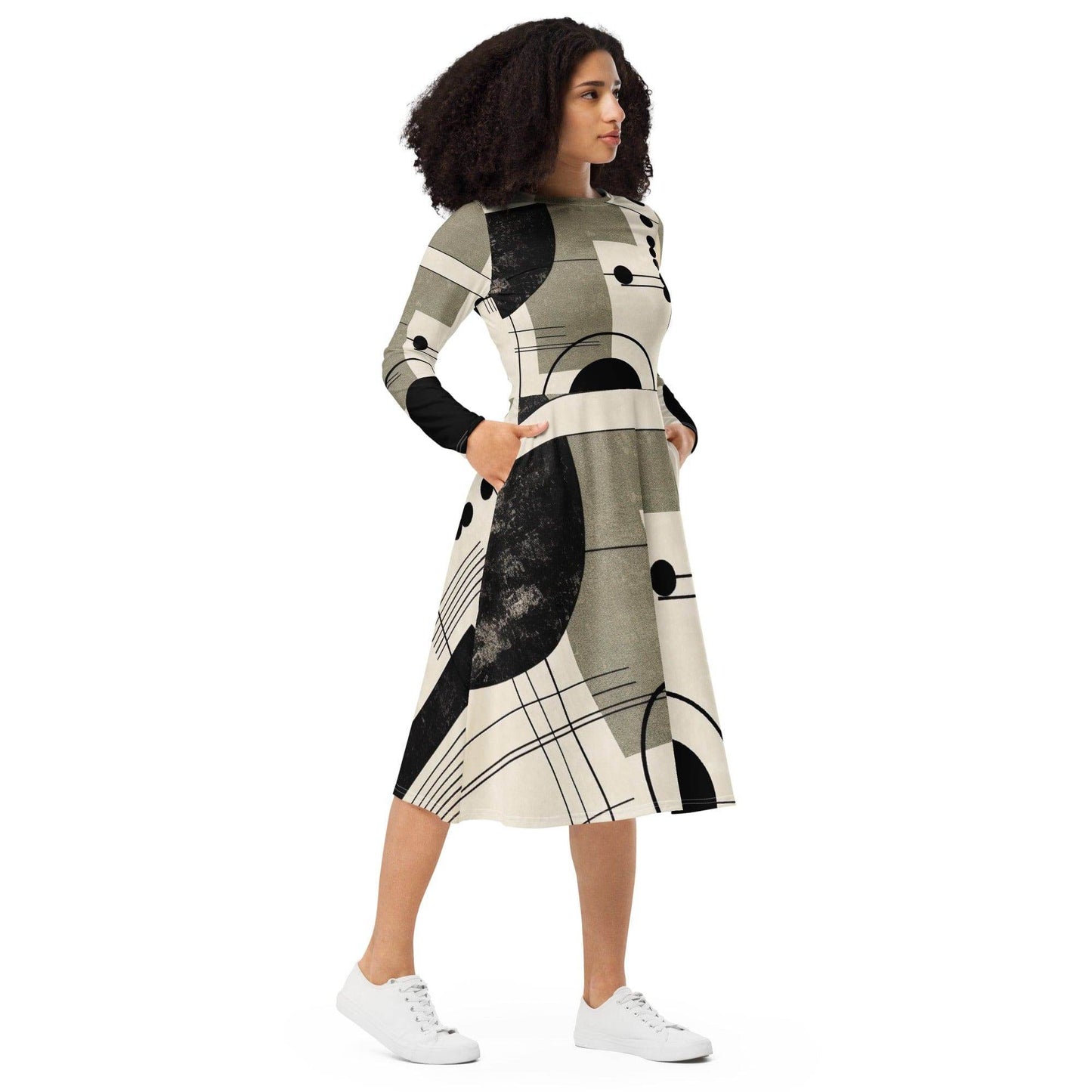Womens Long Sleeve Midi Dress - Abstract Black Beige Brown Geometric - Soul threadssoulthreads25