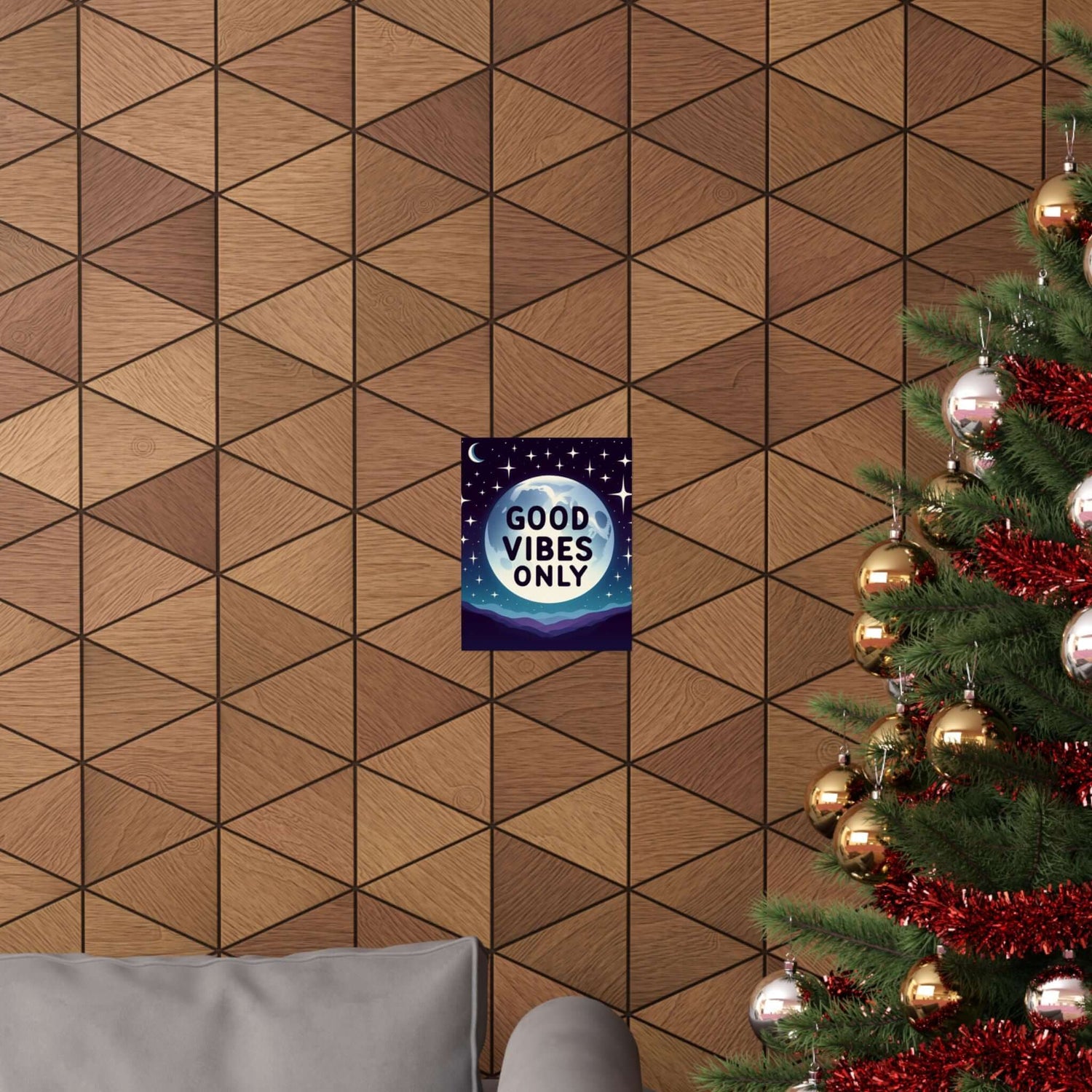 Good vibes motivational posters in a cozy living room with a Christmas tree.