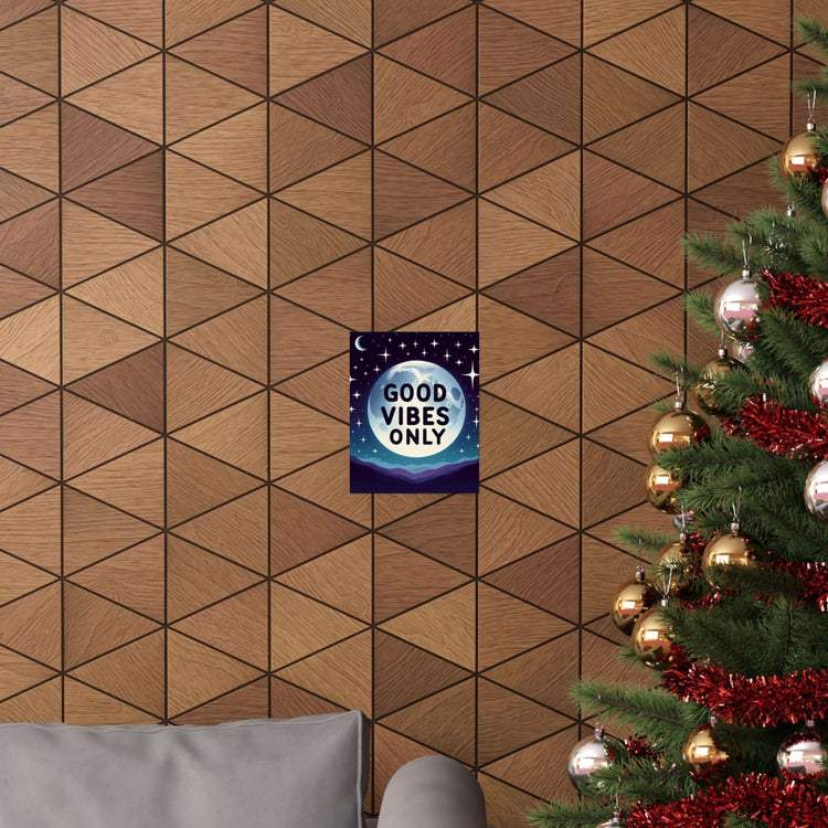 Good vibes motivational posters in a cozy living room with a Christmas tree.