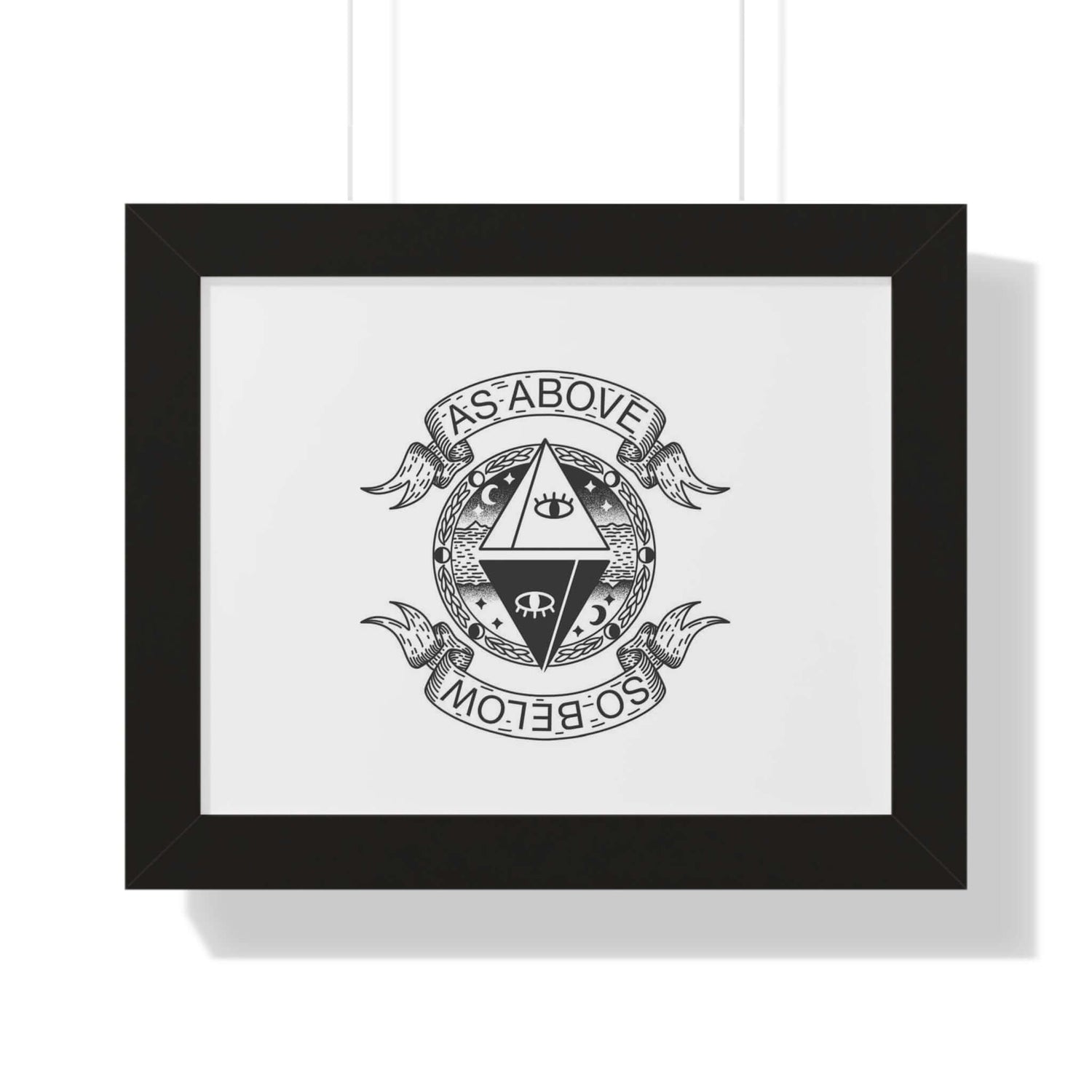 Framed horizontal "as above so below mystic wall art" with intricate symbols in black and white, perfect for enhancing any living space.