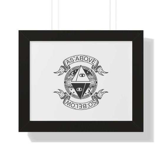 Framed horizontal "as above so below mystic wall art" with intricate symbols in black and white, perfect for enhancing any living space.