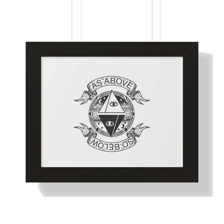 Framed horizontal "as above so below mystic wall art" with intricate symbols in black and white, perfect for enhancing any living space.