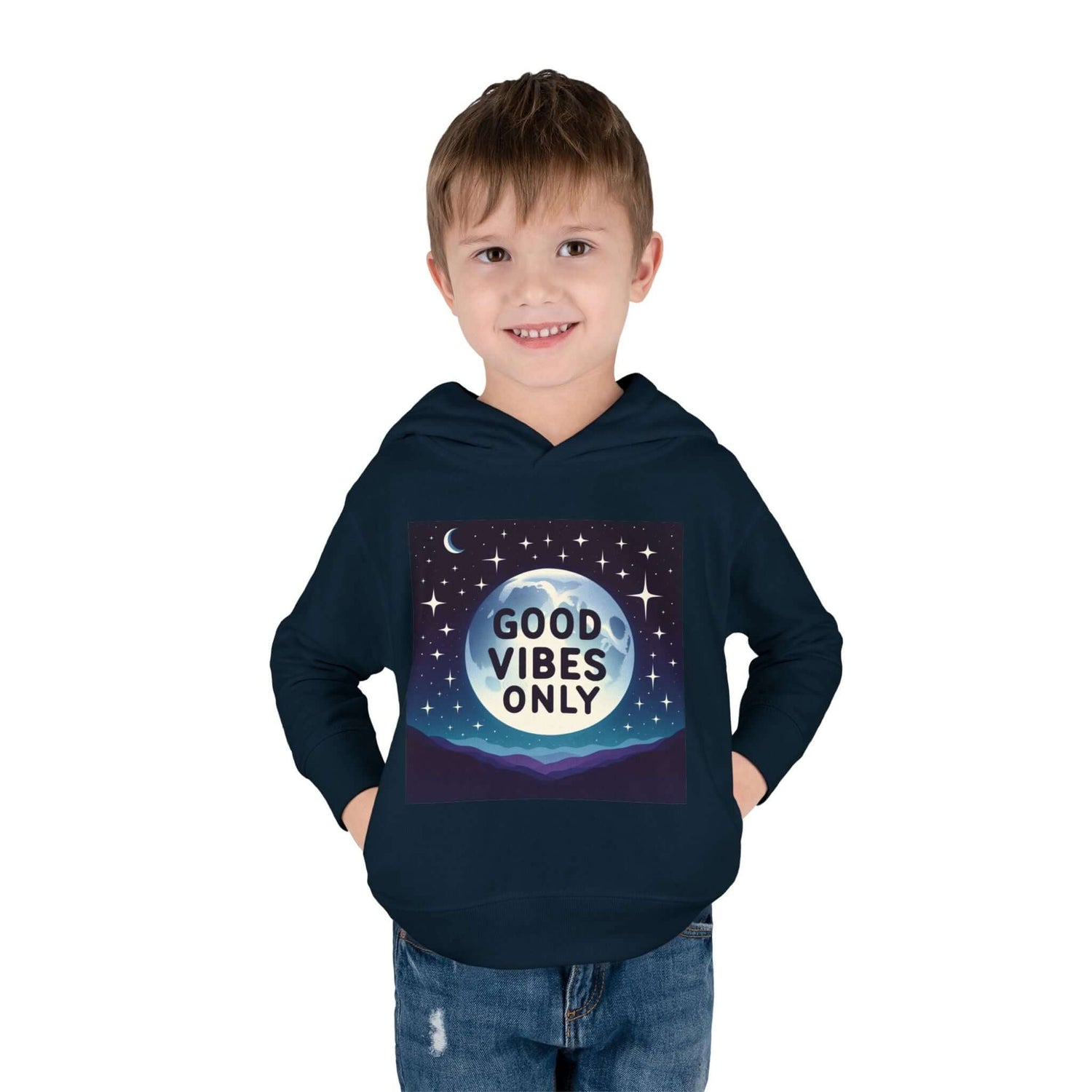 Toddler wearing kids hoodie with Good Vibes Only design, showcasing comfort and style for playdates or family outings.