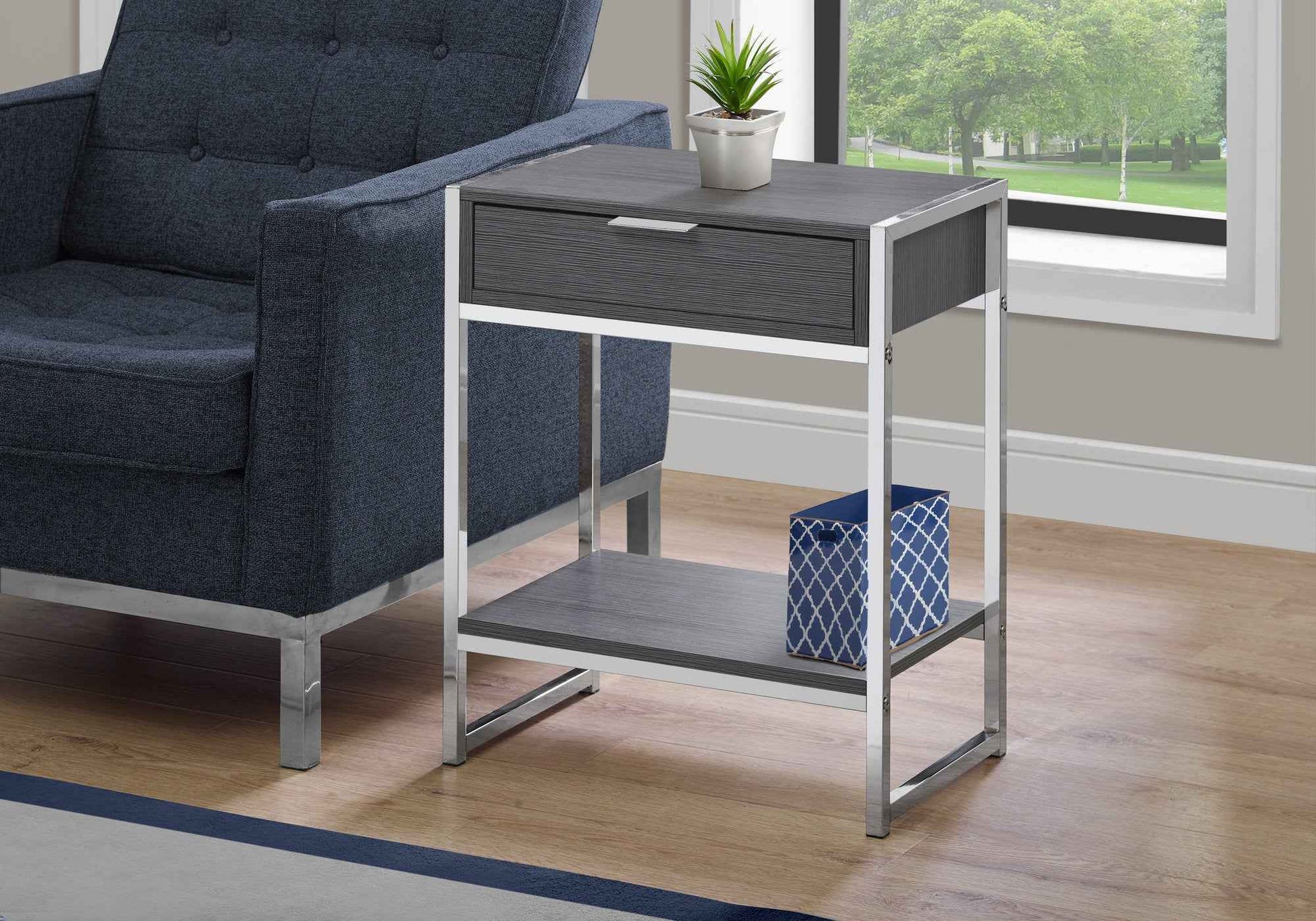 24" Silver And Gray Wood And Metal End Table With Drawer And Shelf - Soul threadssoulthreads25