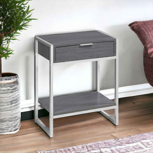 24" Silver And Gray Wood And Metal End Table With Drawer And Shelf - Soul threadssoulthreads25