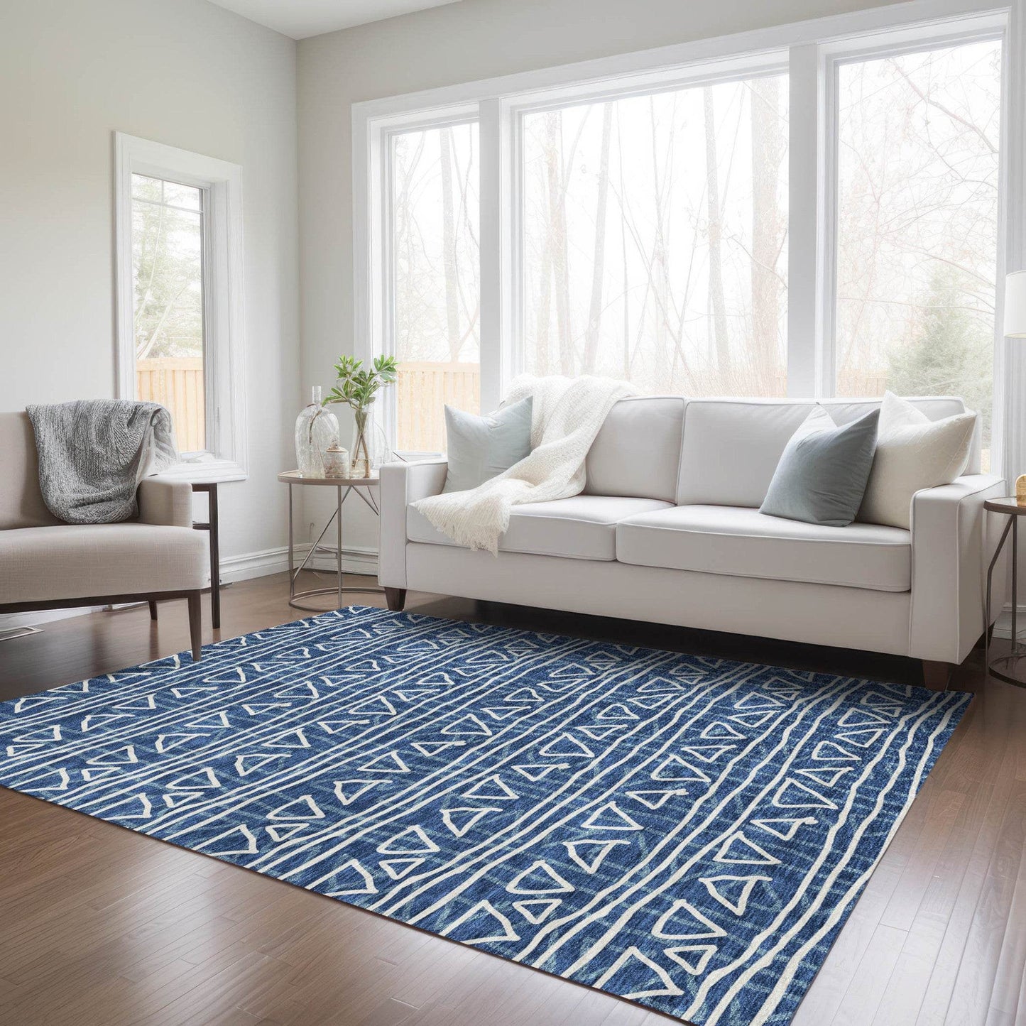 3' X 5' Navy Blue And Ivory Geometric Washable Indoor Outdoor Area Rug - Soul threadssoulthreads25