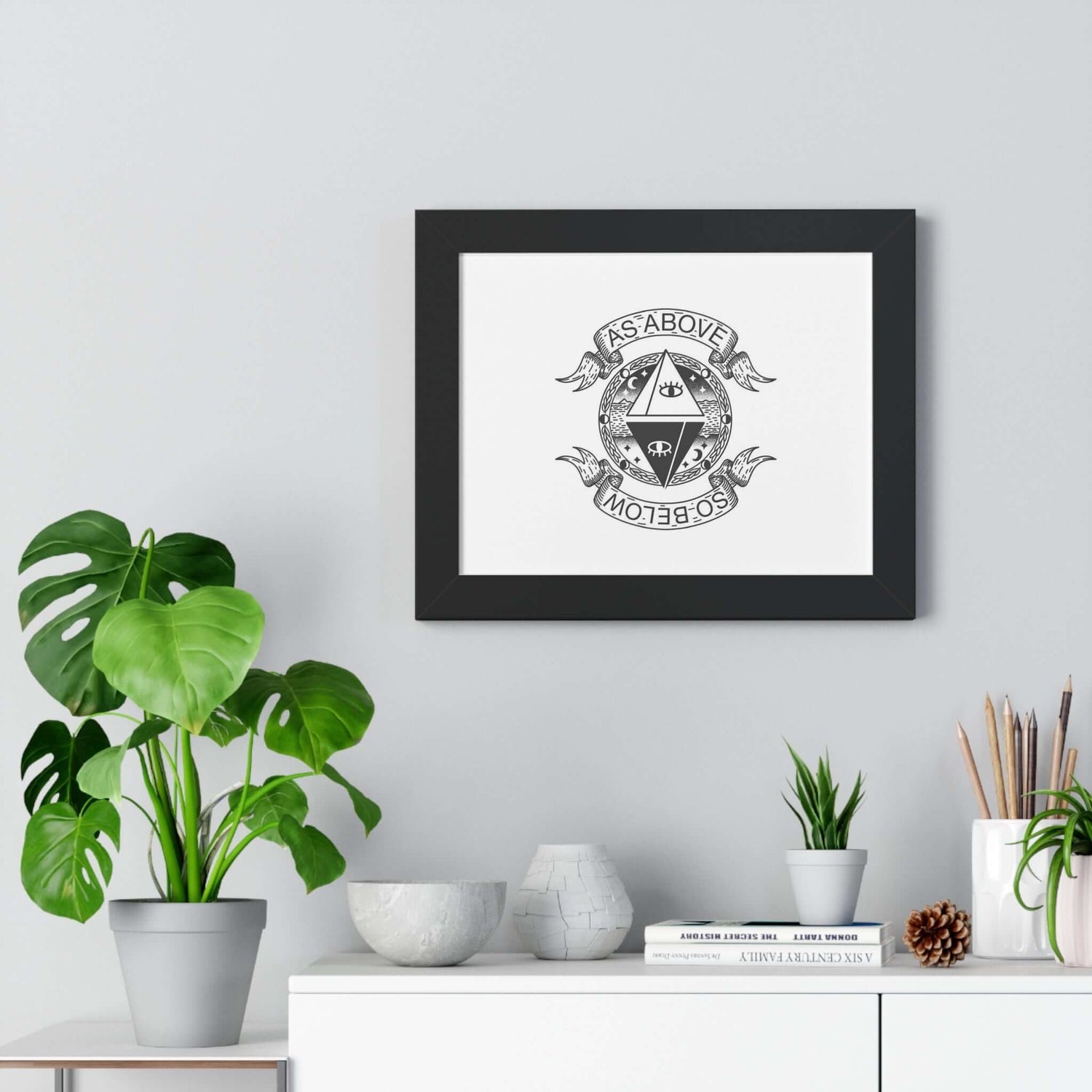 Framed horizontal as above so below mystic wall art in stylish home setting with plants and decor accents, enhancing room ambiance.