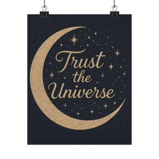 "Trust the Universe" celestial wall art prints poster with starry night and gold moon design for inspirational home decor.