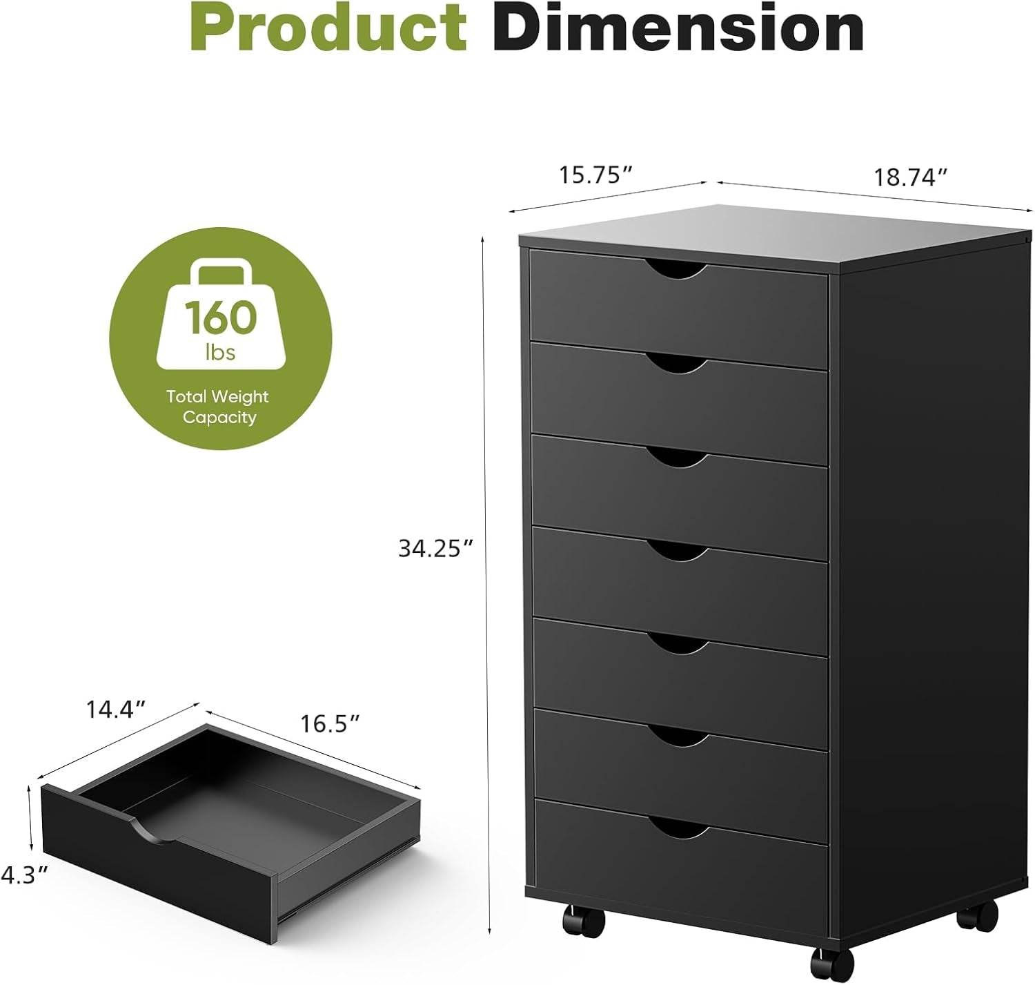 7 Drawer Chest Mobile Storage Cabinets Wooden Dresser with Wheels Room Organization Furniture for Office Home, Black Wood - Soul threadssoulthreads25