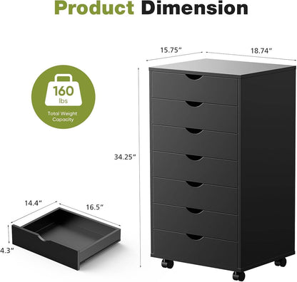 7 Drawer Chest Mobile Storage Cabinets Wooden Dresser with Wheels Room Organization Furniture for Office Home, Black Wood - Soul threadssoulthreads25