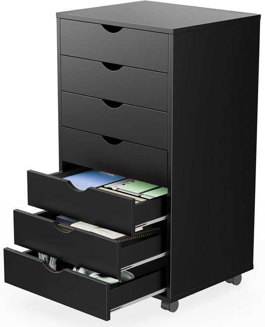7 Drawer Chest Mobile Storage Cabinets Wooden Dresser with Wheels Room Organization Furniture for Office Home, Black Wood - Soul threadssoulthreads25