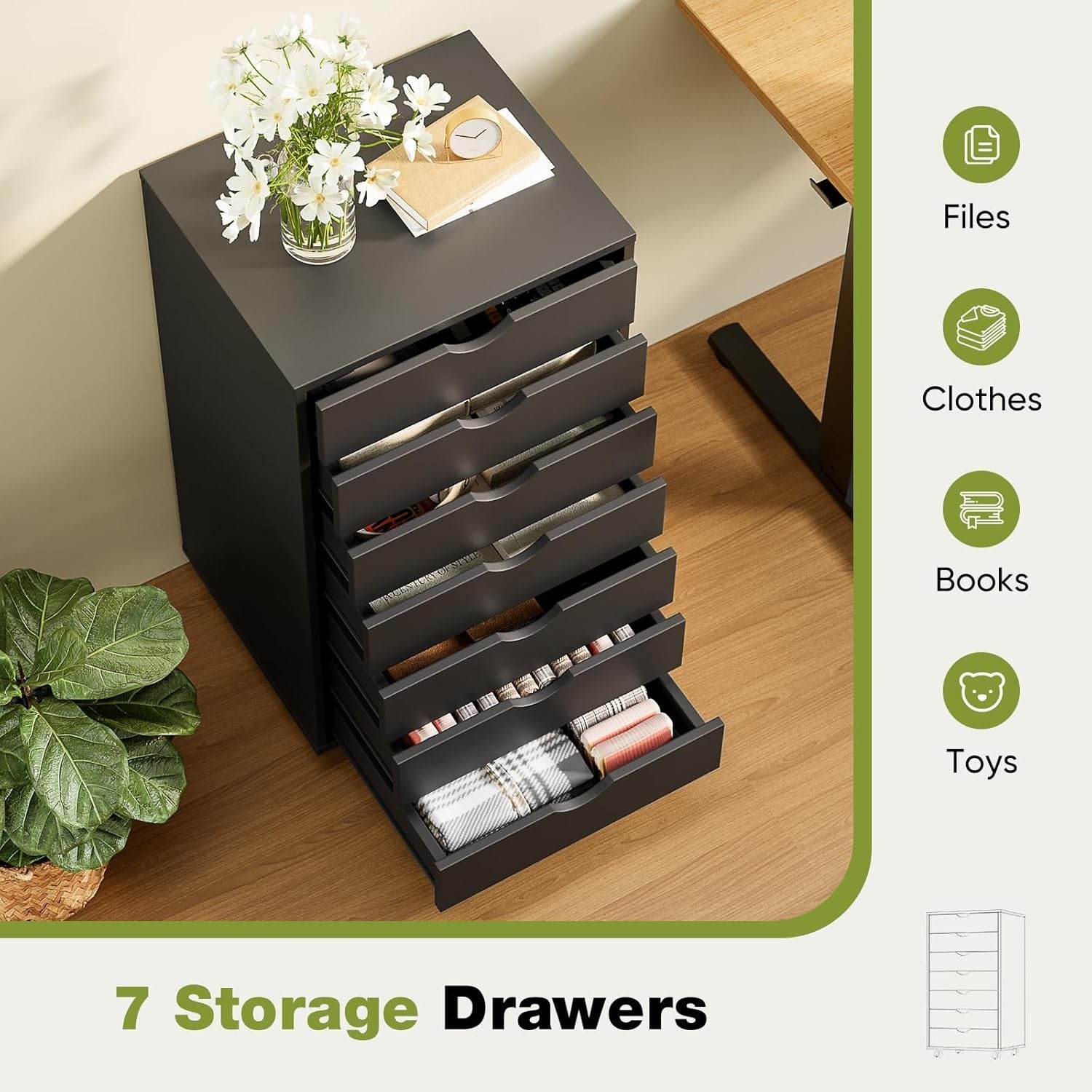 7 Drawer Chest Mobile Storage Cabinets Wooden Dresser with Wheels Room Organization Furniture for Office Home, Black Wood - Soul threadssoulthreads25