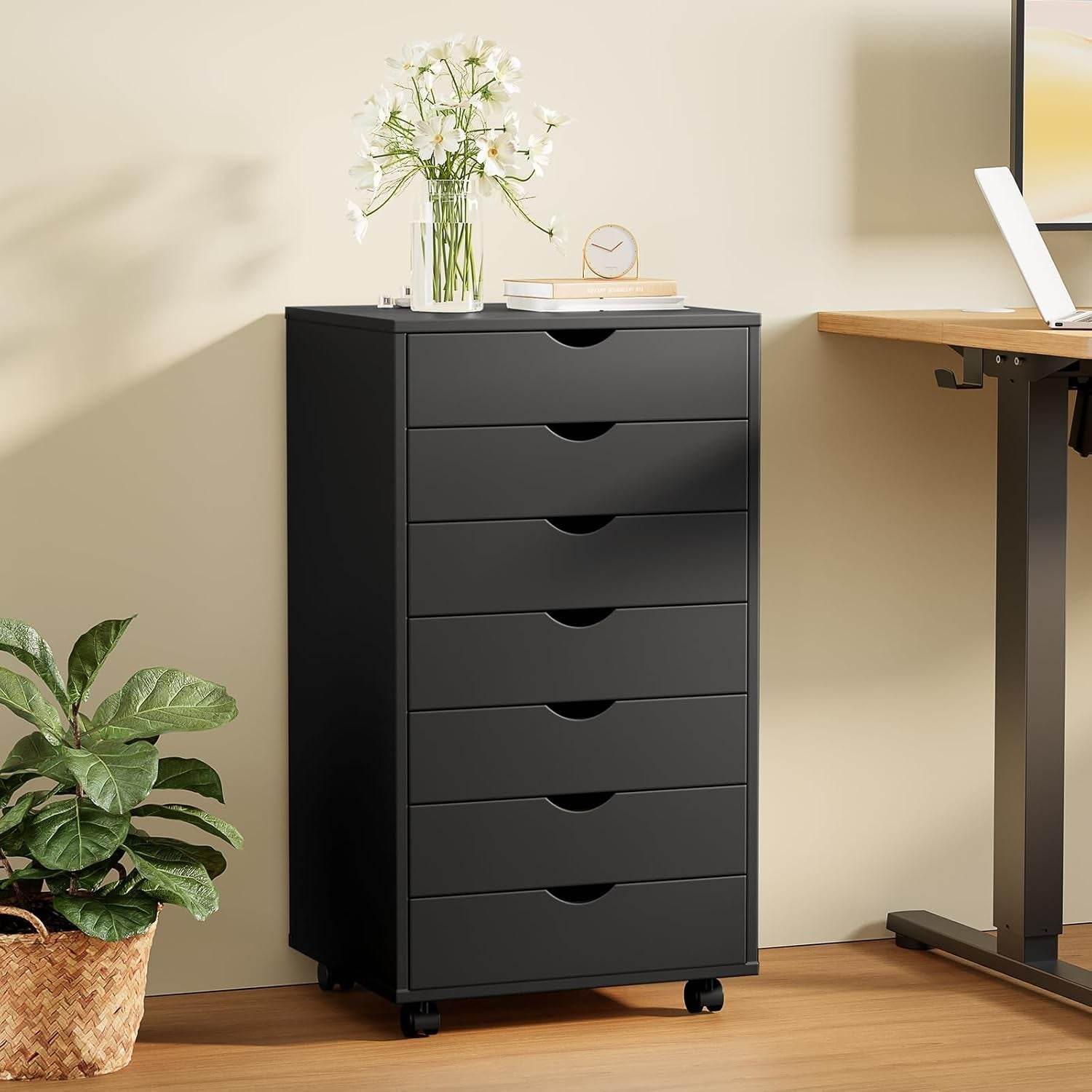 7 Drawer Chest Mobile Storage Cabinets Wooden Dresser with Wheels Room Organization Furniture for Office Home, Black Wood - Soul threadssoulthreads25