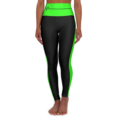 High Waisted Yoga Leggings - Black and Neon Green Beating Heart Sports Pants - Soul threadssoulthreads25