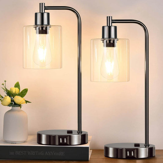 Industrial Touch Control Table Lamps Set of 2 - Black Nickel Bedside Lamps with 2 USB Ports & AC Outlet, 3 - Way Dimmable Nightstand Desk Lamp for Bedroom Living Room, Glass Shade & 2 LED Bulbs Included - Soul threadssoulthreads25