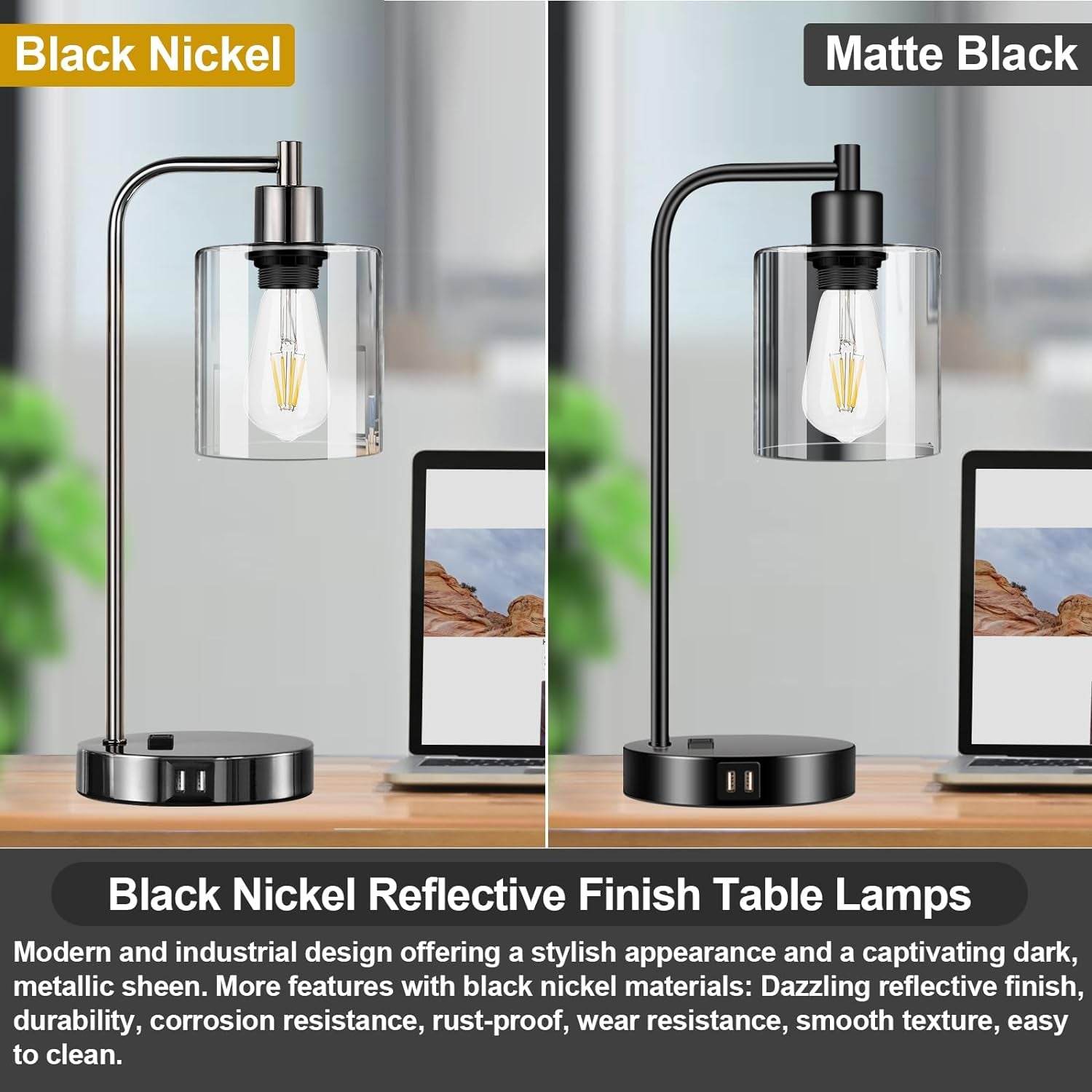 Industrial Touch Control Table Lamps Set of 2 - Black Nickel Bedside Lamps with 2 USB Ports & AC Outlet, 3 - Way Dimmable Nightstand Desk Lamp for Bedroom Living Room, Glass Shade & 2 LED Bulbs Included - Soul threadssoulthreads25