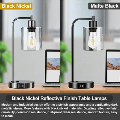 Industrial Touch Control Table Lamps Set of 2 - Black Nickel Bedside Lamps with 2 USB Ports & AC Outlet, 3 - Way Dimmable Nightstand Desk Lamp for Bedroom Living Room, Glass Shade & 2 LED Bulbs Included - Soul threadssoulthreads25