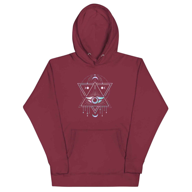 Maroon hoodie featuring a geometric eye design with triangles and cosmic symbols, ideal for stylish and comfortable wear.