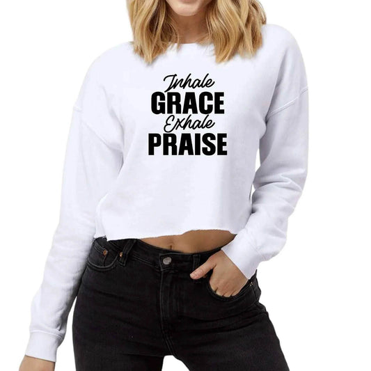 Womens Cropped Graphic Sweatshirt - Inhale Grace Exhale Praise Black - Soul threadssoulthreads25