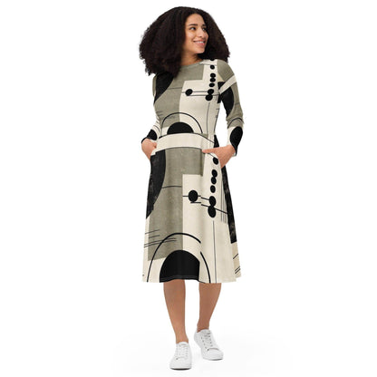 Womens Long Sleeve Midi Dress - Abstract Black Beige Brown Geometric - Soul threadssoulthreads25