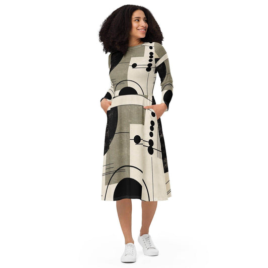 Womens Long Sleeve Midi Dress - Abstract Black Beige Brown Geometric - Soul threadssoulthreads25