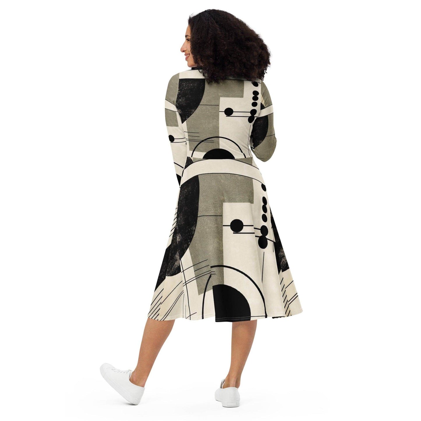 Womens Long Sleeve Midi Dress - Abstract Black Beige Brown Geometric - Soul threadssoulthreads25