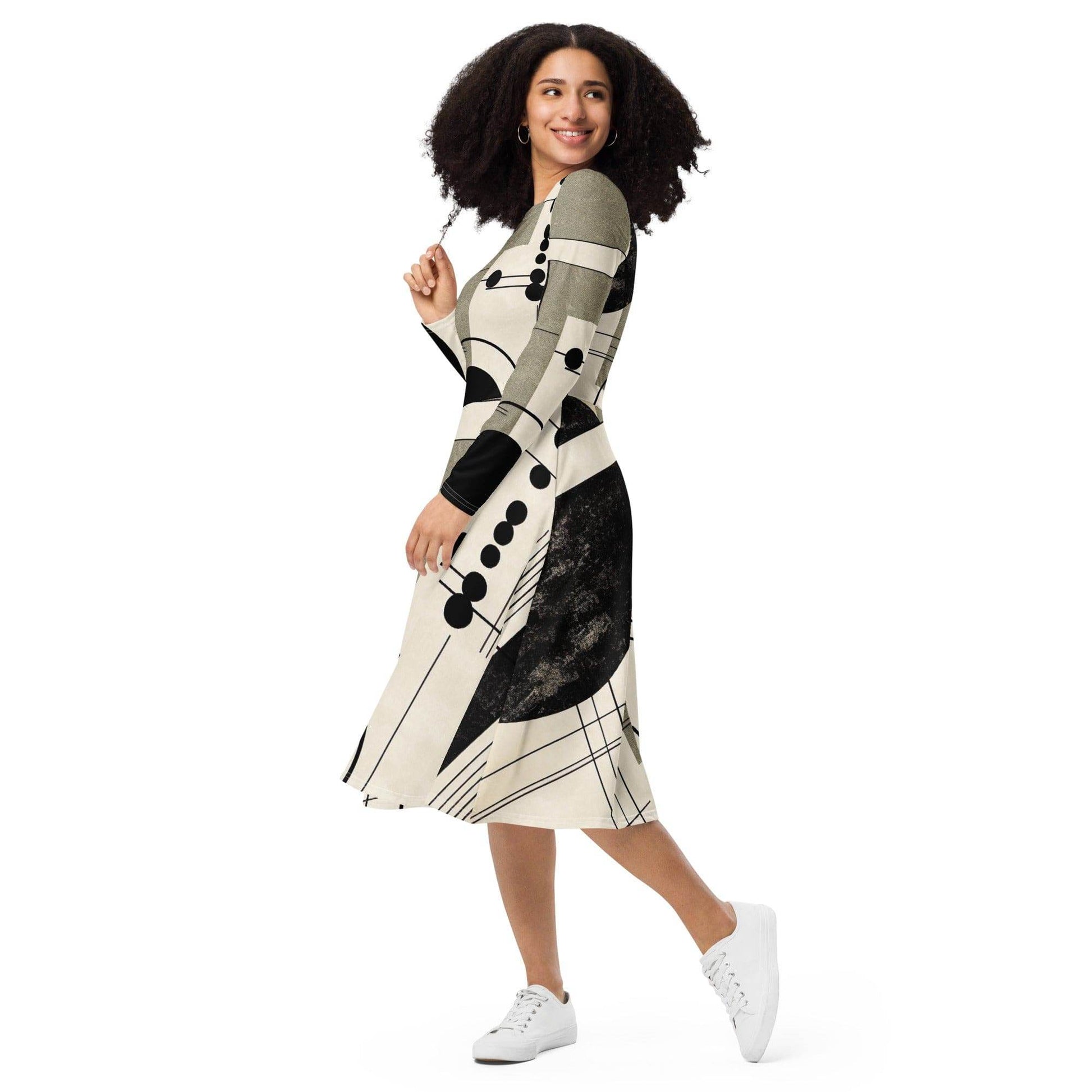 Womens Long Sleeve Midi Dress - Abstract Black Beige Brown Geometric - Soul threadssoulthreads25